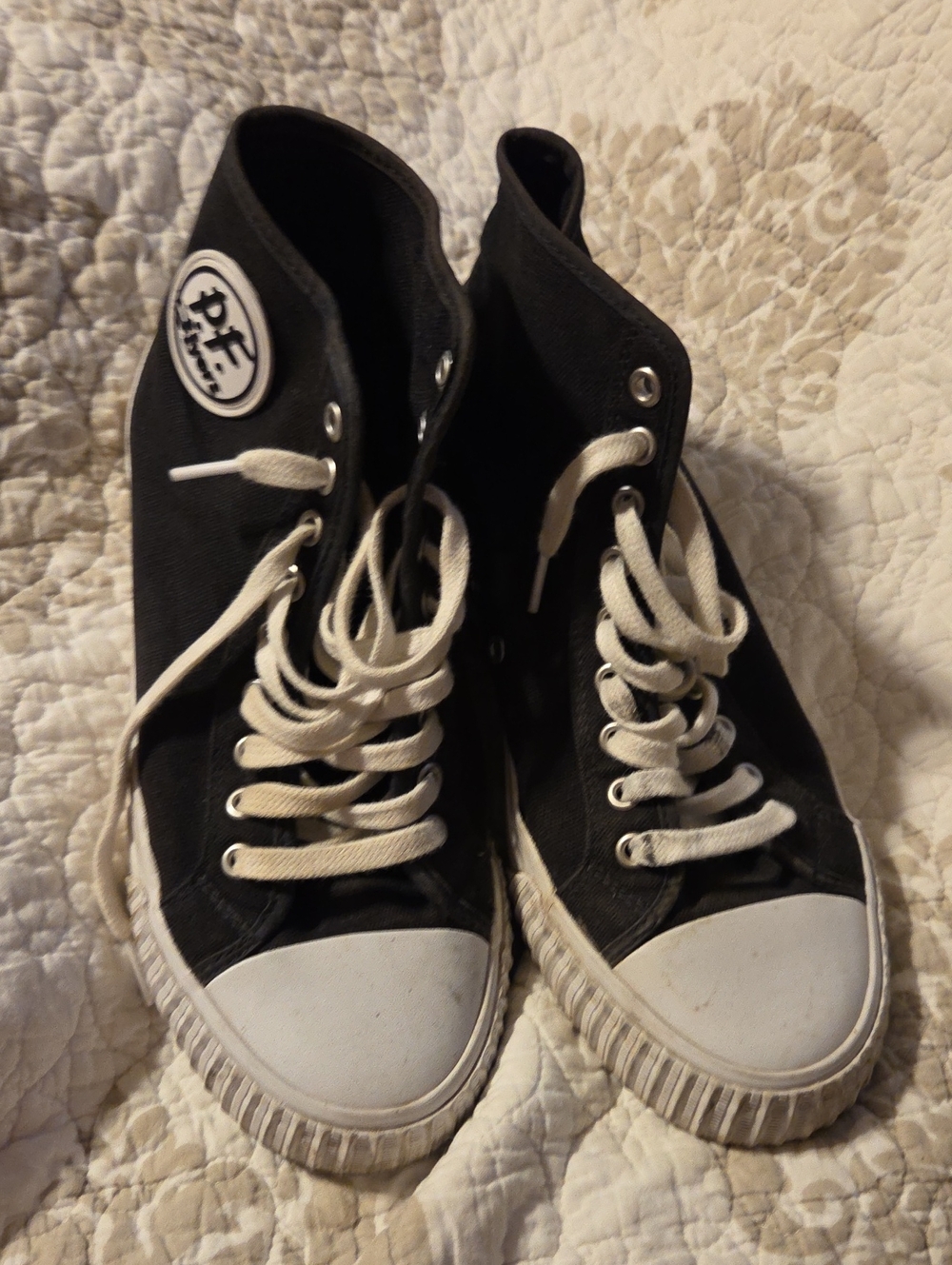 P.F. Flyers Black Canvas High-Top Sneakers with White Soles and Laces